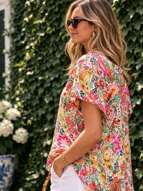 CYNTHIA ROWLEY Floral High-Low Button Back Blouse, 1X